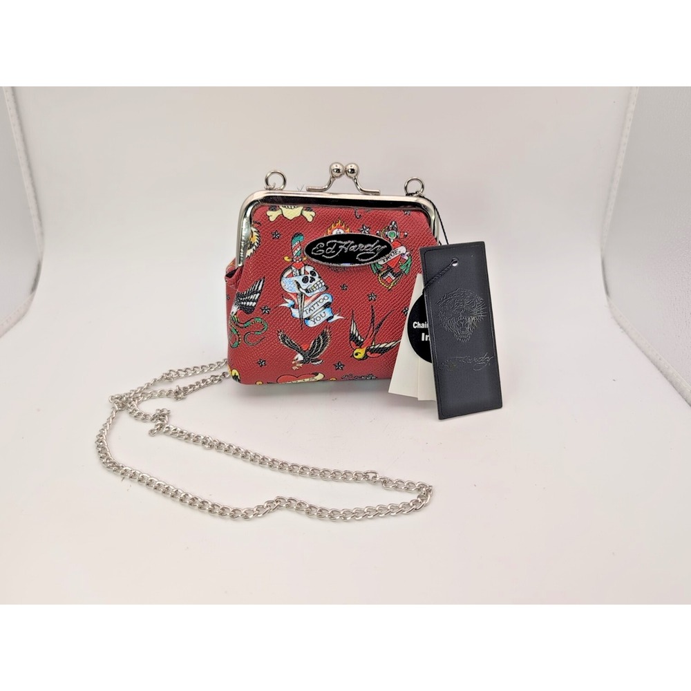 NWT Ed Hardy Kiss Lock Coin Purse - Skulls Bird Heart Tattoo Red Background